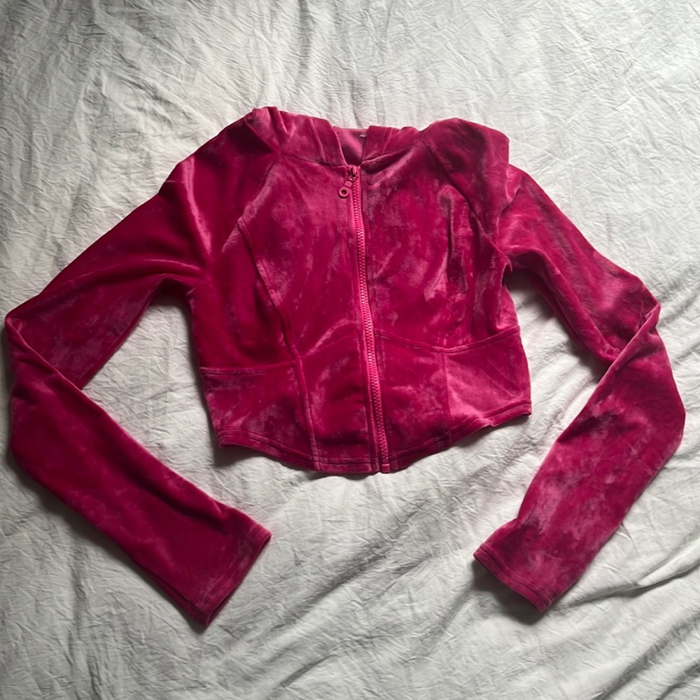 Hot pink crushed velvet velour Out from Under cropped hoodie - size medium